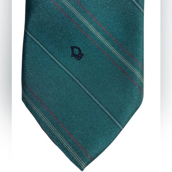 CHRISTIAN DIOR Teal Striped Silk Blend Tie- VINTAGE - Picture 4 of 7